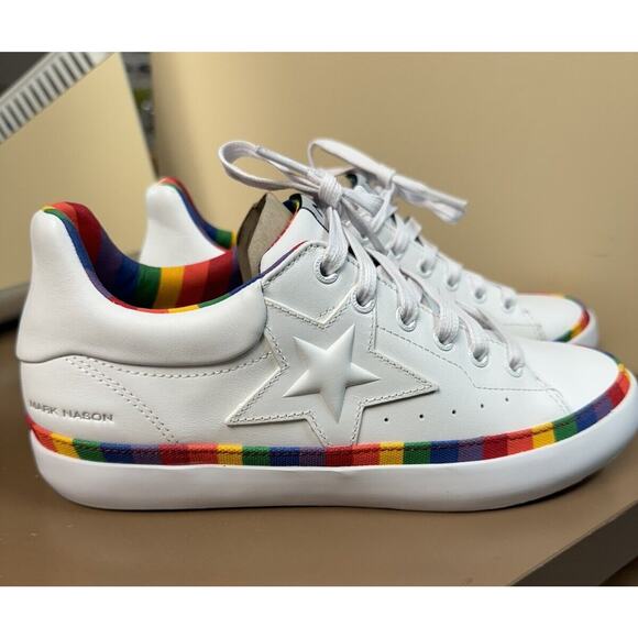 Mark Nason Sneakers Womens 7.5 White Shoes Rainbow Trim Pride Colorful Unworn - Picture 2 of 9